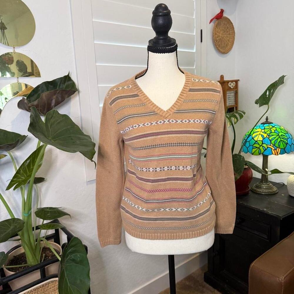 Y2K IZOD Petite Fair Isle Striped V-Neck Sweater Tan Pink Preppy Knit